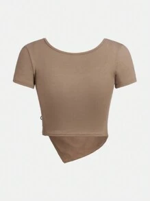 SHEIN Girlism Teen Girl Solid Color Square Neck Drawstring Asymmetric Hem Short Sleeve T-Shirt