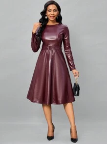 SHEIN Lady Women Spring Autumn Solid Color PU Leather Round Neck Long Sleeve Midi Elegant Office Dress