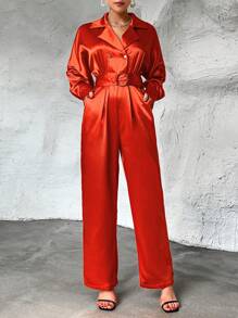 SHEIN Privé 落肩袖腰帶襯衫連體褲 - 橘色 - 查看 2