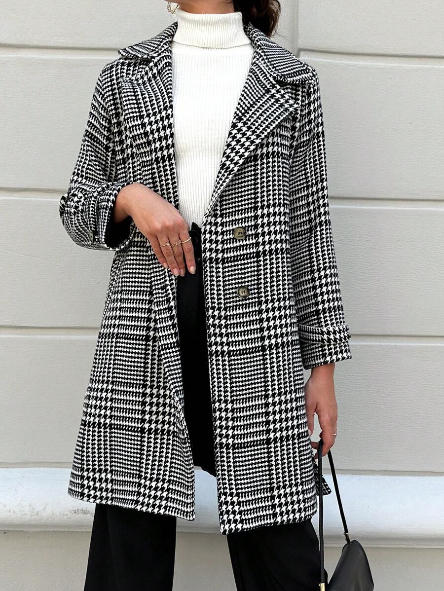 EURMUSE Houndstooth Print Belted Overcoat - Black and White - View 1