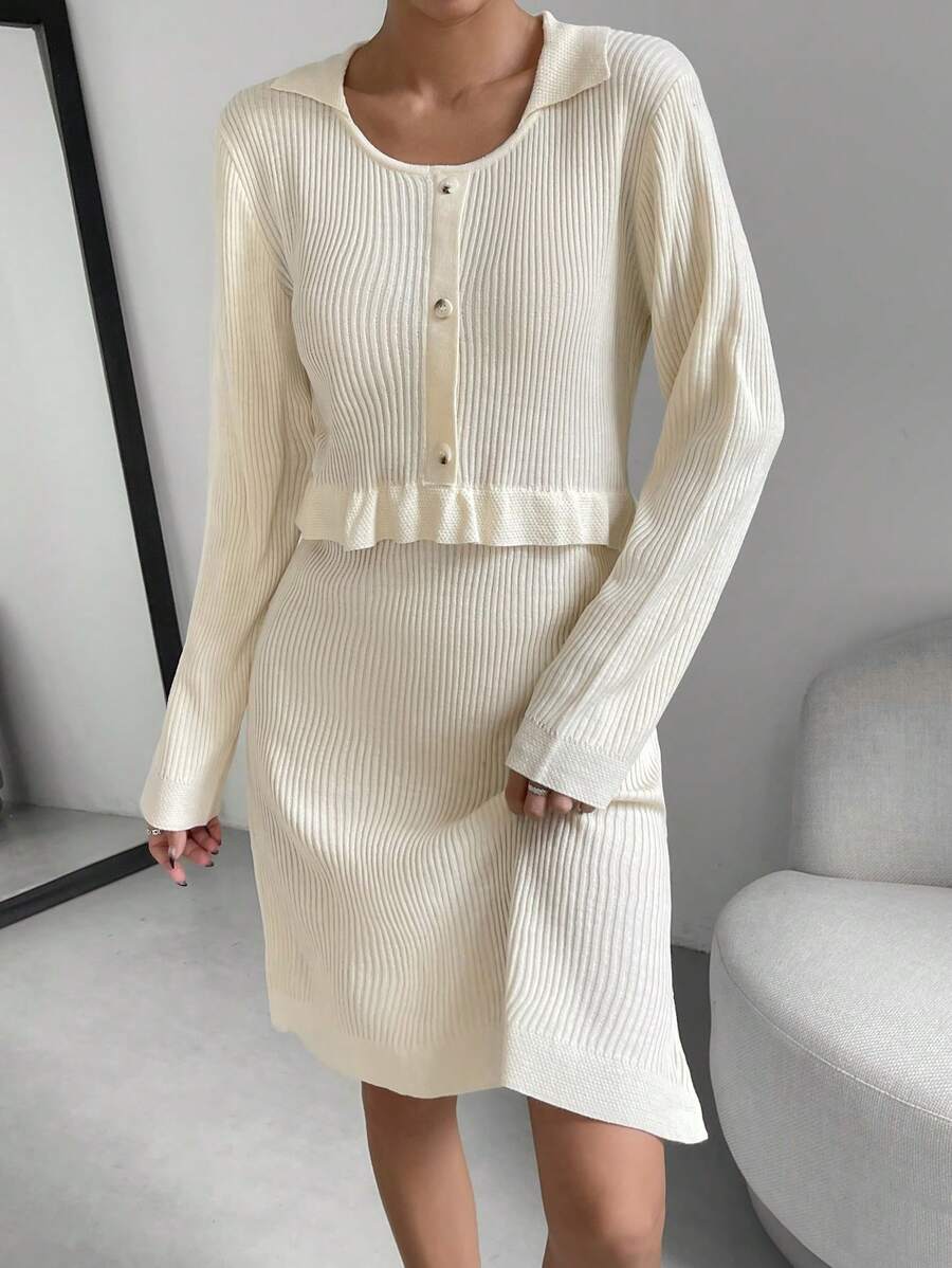 SHEIN LUNE 荷葉邊條紋針織毛衣洋裝 - 米色 - 查看 1