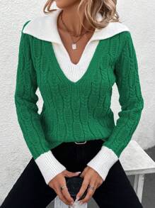 SHEIN Clasi Contrast Trim Cable Knit Contrast Collar Sweater - Green - View 6