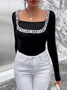 SHEIN Essnce 字母織帶方領T恤 - 黑色 - 查看 6