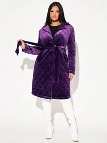 SHEIN SXY Lapel Neck Belted Quilted Velvet Coat - Purple - View 4