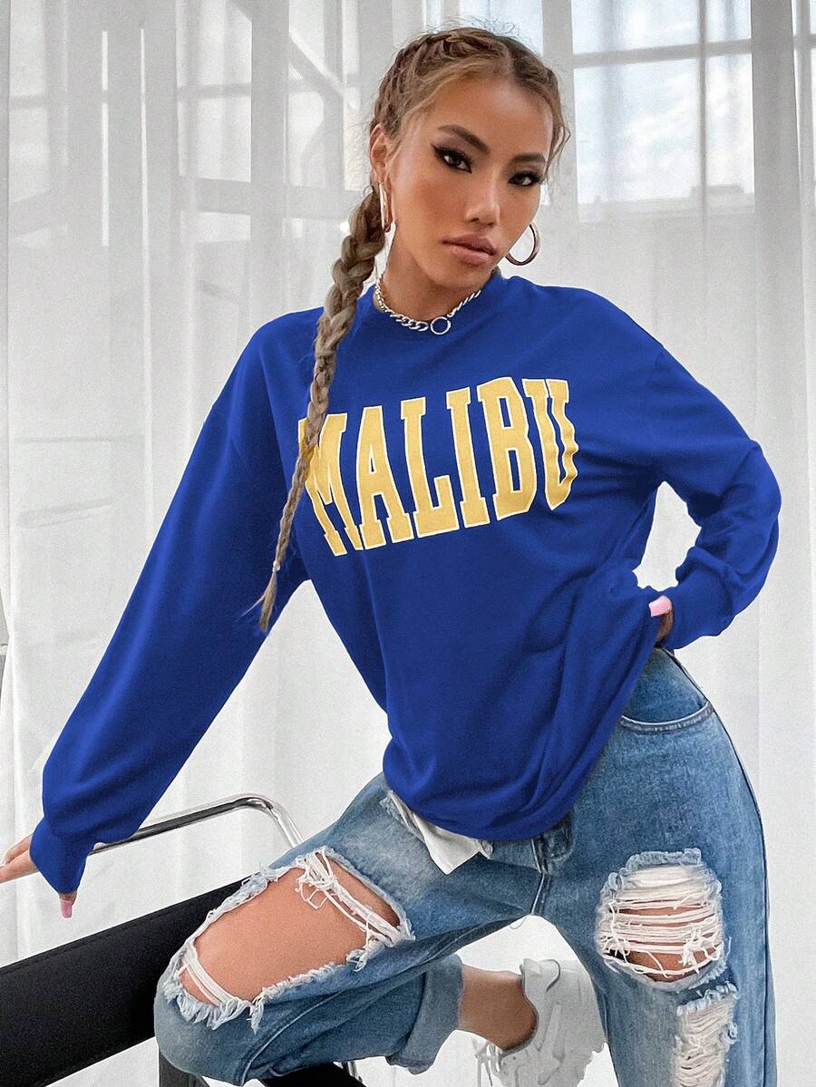 SHEIN Unity 字母圖案落肩袖運動衫 - 寶藍色 - 查看 1