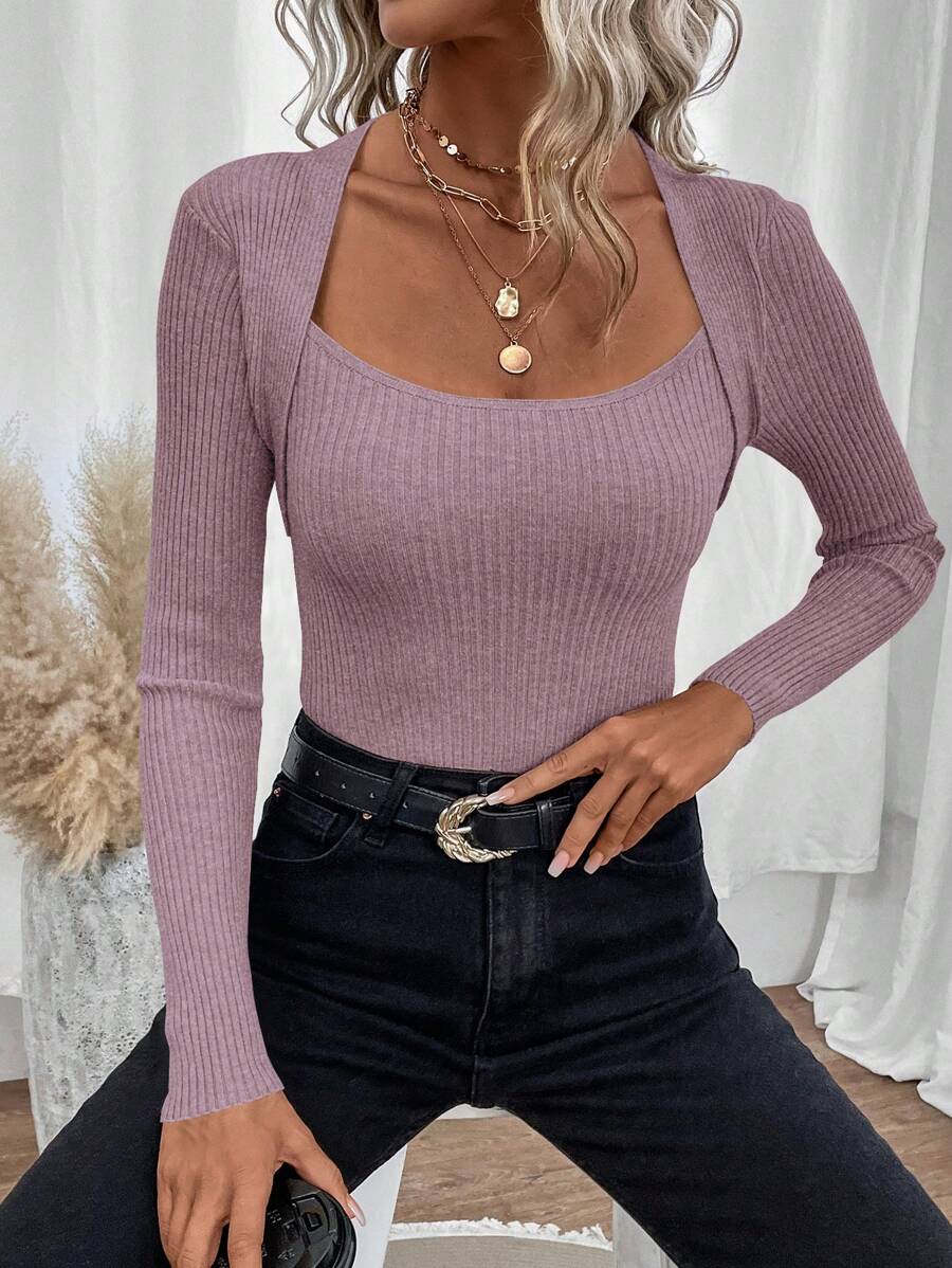 SHEIN Frenchy Square Neck Ribbed Knit Sweater In Fall/Winter - Purple - View 1