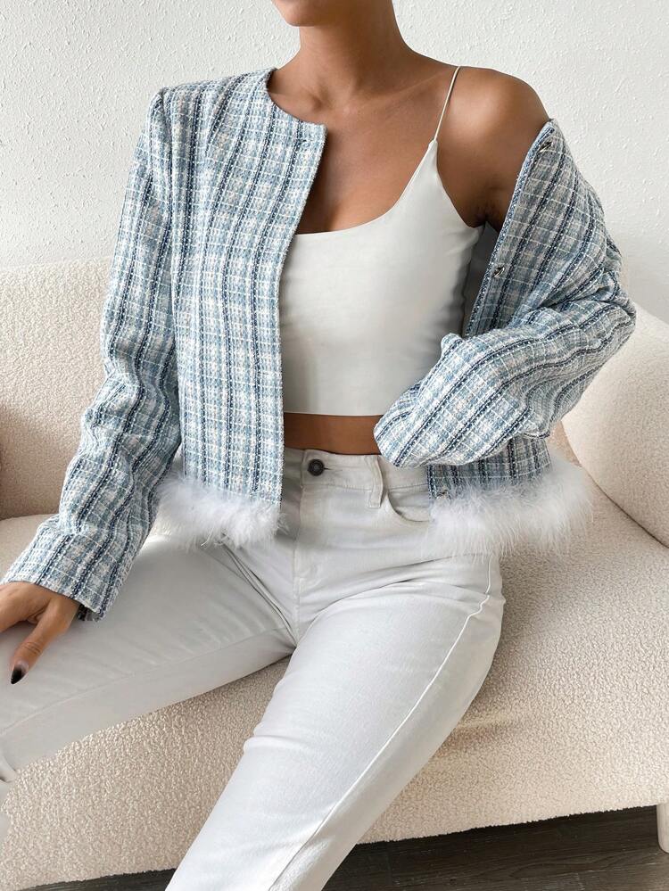 Plaid Pattern Fuzzy Trim Tweed Overcoat Fall Cloth For Women