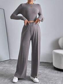 SHEIN Essnce Solid Crop Tee & Wide Leg Pants - Grey - View 5