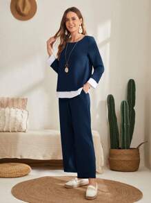 EMERY ROSE Contrast Trim Tee & Wide Leg Pants - Navy Blue - View 5