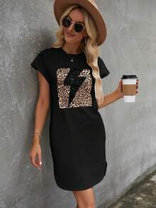 SHEIN LUNE 豹紋印花蝙蝠袖T恤洋裝 - 黑色 - 查看 5