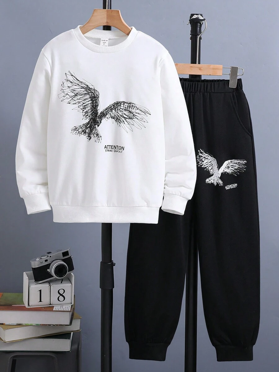 Tween Boy Eagle Print Sweatshirt & Sweatpants - White - View 1