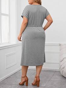 EMERY ROSE Plus Striped Print Knot Front Hidden Pocket Dress, Summer - Dark Grey - View 2