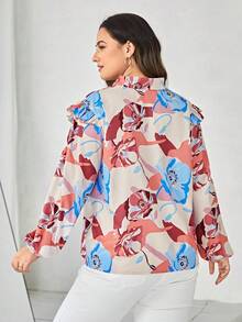 SHEIN Clasi Plus Floral Print Tie Neck Ruffle Trim Lantern Sleeve Blouse - Multicolor - View 2