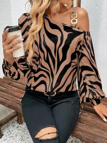 EMERY ROSE 全身印花不对称领口灯笼袖链条细节衬衫单肩上衣 - 咖啡棕 - 查看 4