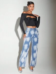SHEIN BAE 圖案印花直筒牛仔褲 - 藍色 - 查看 5