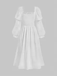 SHEIN MOD 褶邊前打結荷葉袖胸部褶皺洋裝 - 白色 - 查看 2