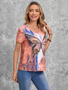 EMERY ROSE Women's Summer Flag Printed V-Neck T-Shirt Usa Top 4th Of July Women - Pink - View 4