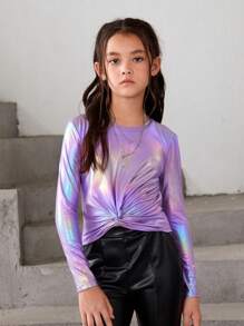 少女3入組甜美休閒彩色圓領長袖T恤 - 紫色 - 查看 4