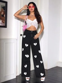 SHEIN 1pc Jeans With Heart Design Wide Leg