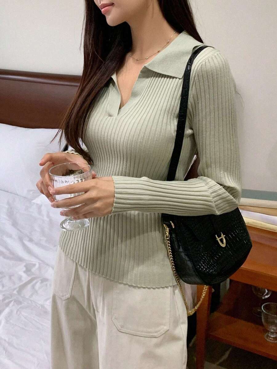 DAZY Women's Solid Color Turndown Collar Long Sleeve Casual Business Pullover Sweater,Fall Clothes - Green - View 1