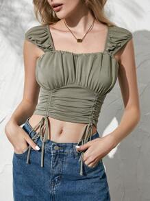 SHEIN Unity Ruched Bust Drawstring Front Crop Top - Olive Green - View 3