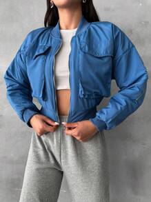 RueChic Flap Pocket Drop Shoulder Crop Bomber Jacket
