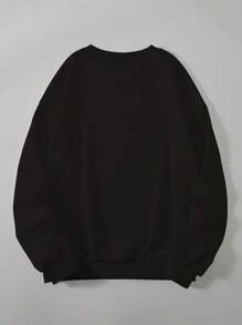 Halloween & Pumpkin Print Drop Shoulder Sweatshirt Crewneck Sweatshirt - Black - View 2