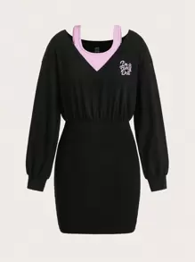 SHEIN MOD 標語圖案落肩袖假兩件洋裝