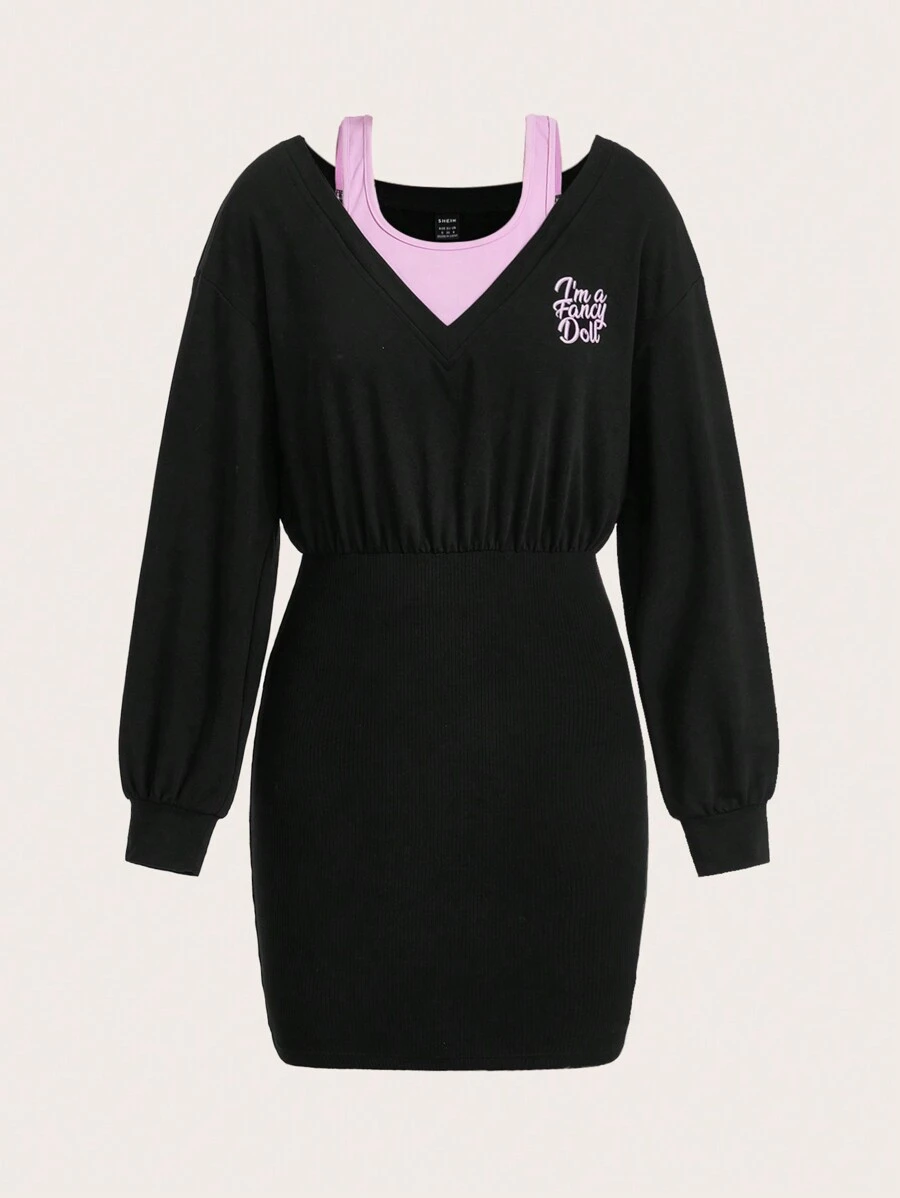 SHEIN MOD 標語圖案落肩袖假兩件洋裝