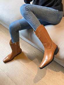 女士馬術靴，時尚棕色西部風格過膝和中筒靴，尖頭全搭配時尚靴款，女性牛仔靴