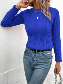 SHEIN LUNE Suéter de cuello redondo de punto de cable para otoño e invierno - Azul - Ver 6