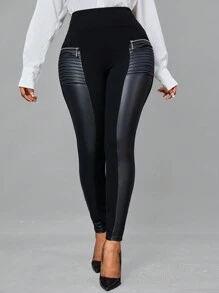 SHEIN Lady Zip Detail Wideband Waist PU Leather Leggings