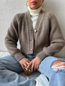 SHEIN Raglan Sleeve Button Front Cardigan - Khaki - View 6