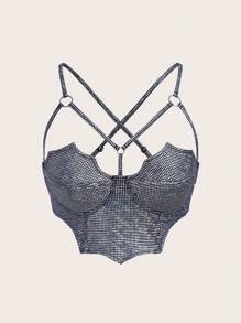 SHEIN ICON 萬聖節露背交叉吊帶短上衣 - 銀色 - 查看 1