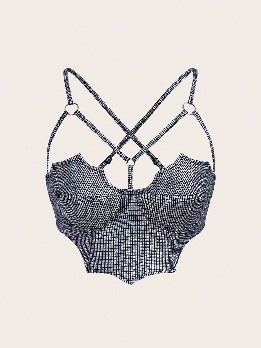 SHEIN ICON 萬聖節露背交叉吊帶短上衣 - 銀色 - 查看 1