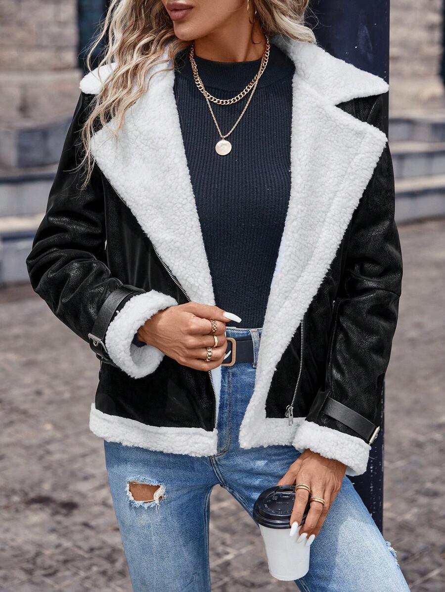 SHEIN Frenchy Teddy Lined Zip Up Moto Jacket - Black and White - View 1