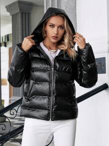 SHEIN Essnce 拉链连帽 PU 皮革加厚棉服 冬季 - 黑色 - 查看 4