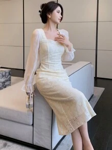 DAZY 素色雞心領口荷葉袖連衣裙 - 米色 - 查看 5