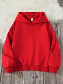 SHEIN 男童休闲纯色保暖内衬卫衣，秋冬季 - 紅色 - 查看 1