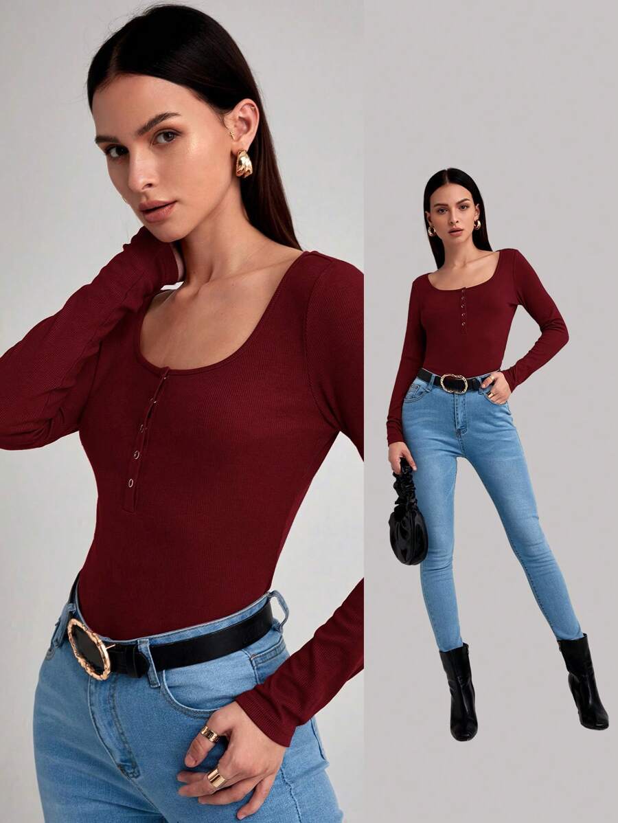 SHEIN BASICS 大圓領合適合身T恤 - 酒紅色 - 查看 1