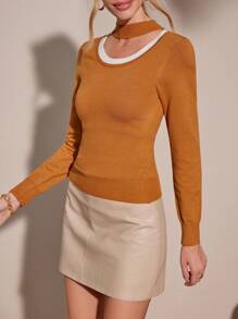 SHEIN LUNE Suéter de punto con recorte y ribete de contraste para otoño e invierno - Camel - Ver 5