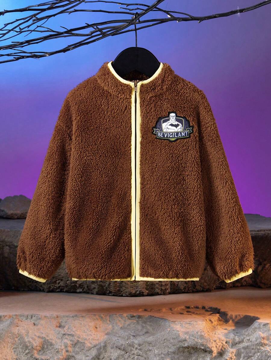 BATMAN X SHEIN Young Boy Zip Up Letter Patched Contrast Trim Fluffy Coat - Coffee Brown - View 1