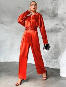 SHEIN Privé 落肩袖腰帶襯衫連體褲 - 橘色 - 查看 5