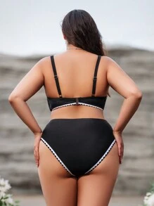 SHEIN Swim Curve Plus款車縫褶皺比基尼套裝 - 黑色 - 查看 2