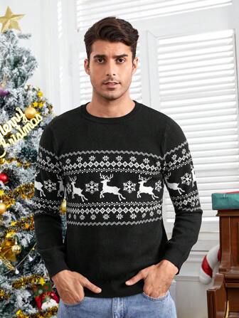 GENTILAND Men Christmas Elk & Geo Pattern Sweater, For Fall Winter
