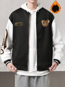 Manfinity Hypemode 寬鬆版男士熊和字母拼接彩塊條邊暖裡線運動棒球外套,不含t-shirt - 黑與白 - 查看 5