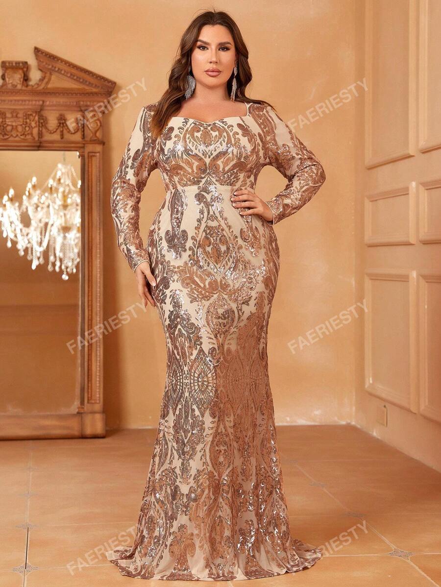 Faeriesty Plus Sweetheart Neck Sequin Prom Dress Elegant Long Sleeve Formal Evening Wedding Guest Gown, For Graduation, Dinner