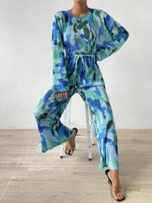 Breezaya Allover Print Belted Wide Leg Jumpsuit