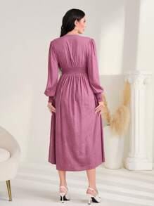 Modelyn Váy dạ hội dài kiểu Ả Rập cổ chữ V tay bồng chữ A xếp ly - Màu tím - Xem 3