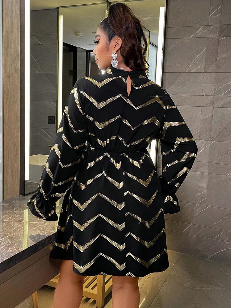 Plus Chevron Print Flounce Sleeve Dress